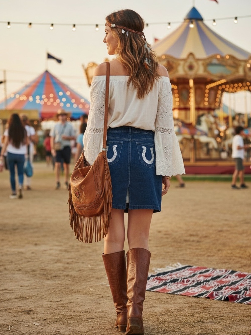 Upcycled Custom Dark Wash Denim Mini Skirt Gold Horseshoe Back Pockets Cowboy Up
